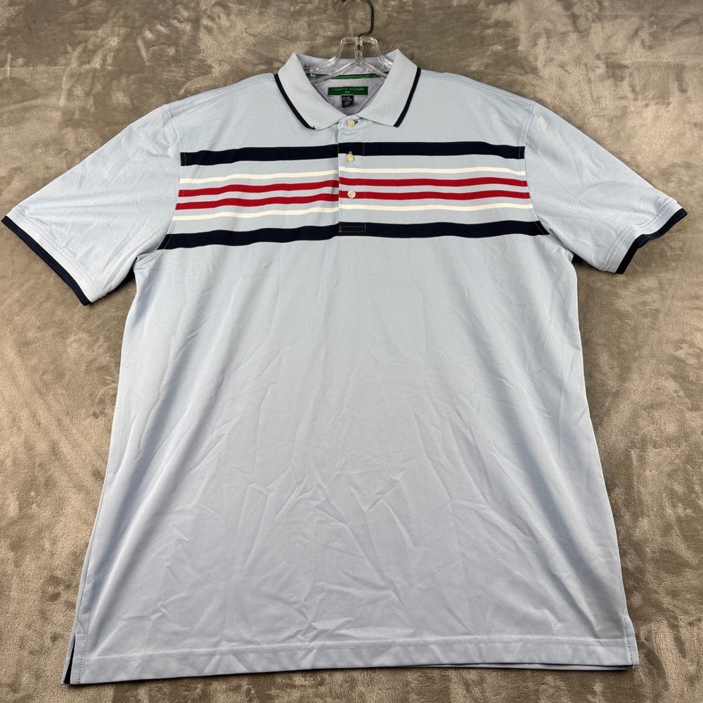 Tommy Hilfiger Polo Shirt Mens XXL Golf Light Blue Striped EUC